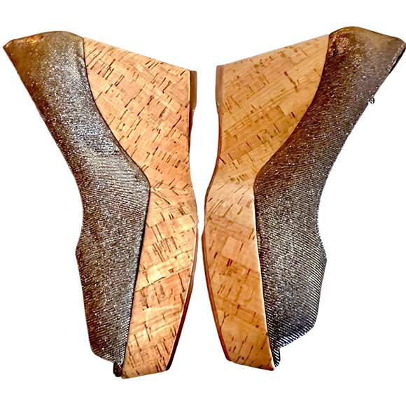 Stuart Weitzman Grey Lurex Glitter Anna Cork Wedge Platform Peep Toe Pumps 9.5 - Picture 5 of 13